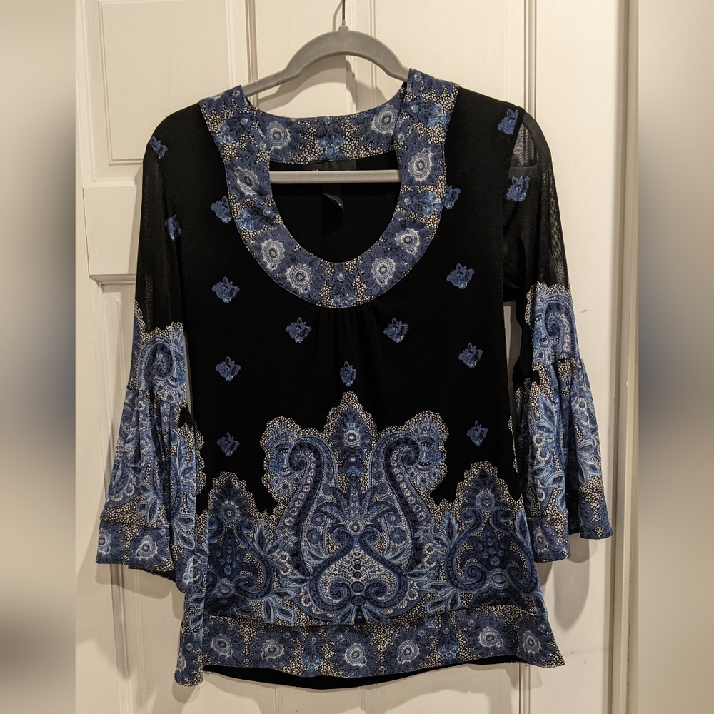 INC International Concepts Black and Blue Paisley Blouse
